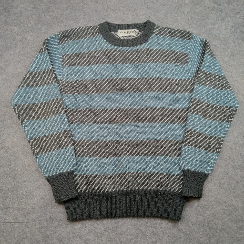 Wayne Rogers Sweater Mens Large Blue Gray Striped Crewneck Knit Pullover